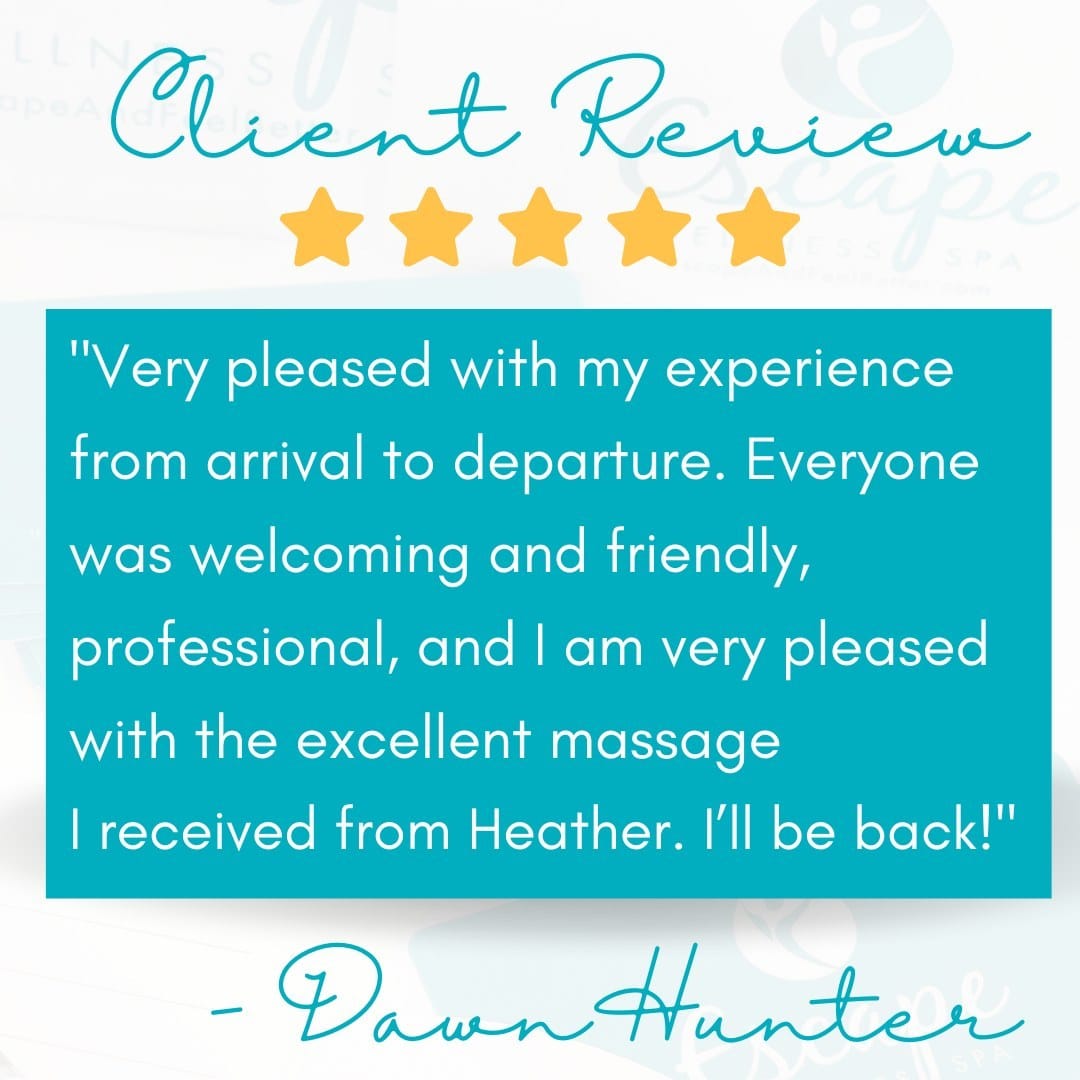 🙏 Thank you, Dawn, for leaving this five star review! We loved taking care of you and appreciate you taking the time to let us know about your experience!

🌟🌟🌟🌟🌟 "Very pleased with my experience from arrival to departure. Everyone was welcoming and friendly, professional, and I am very pleased with the excellent massage I received from Heather. I’ll be back!" -Dawn Hunter (five stars)

#escapeandfeelbetter #escapewellnessspa #fivestars #pensacoladayspa #clientreview